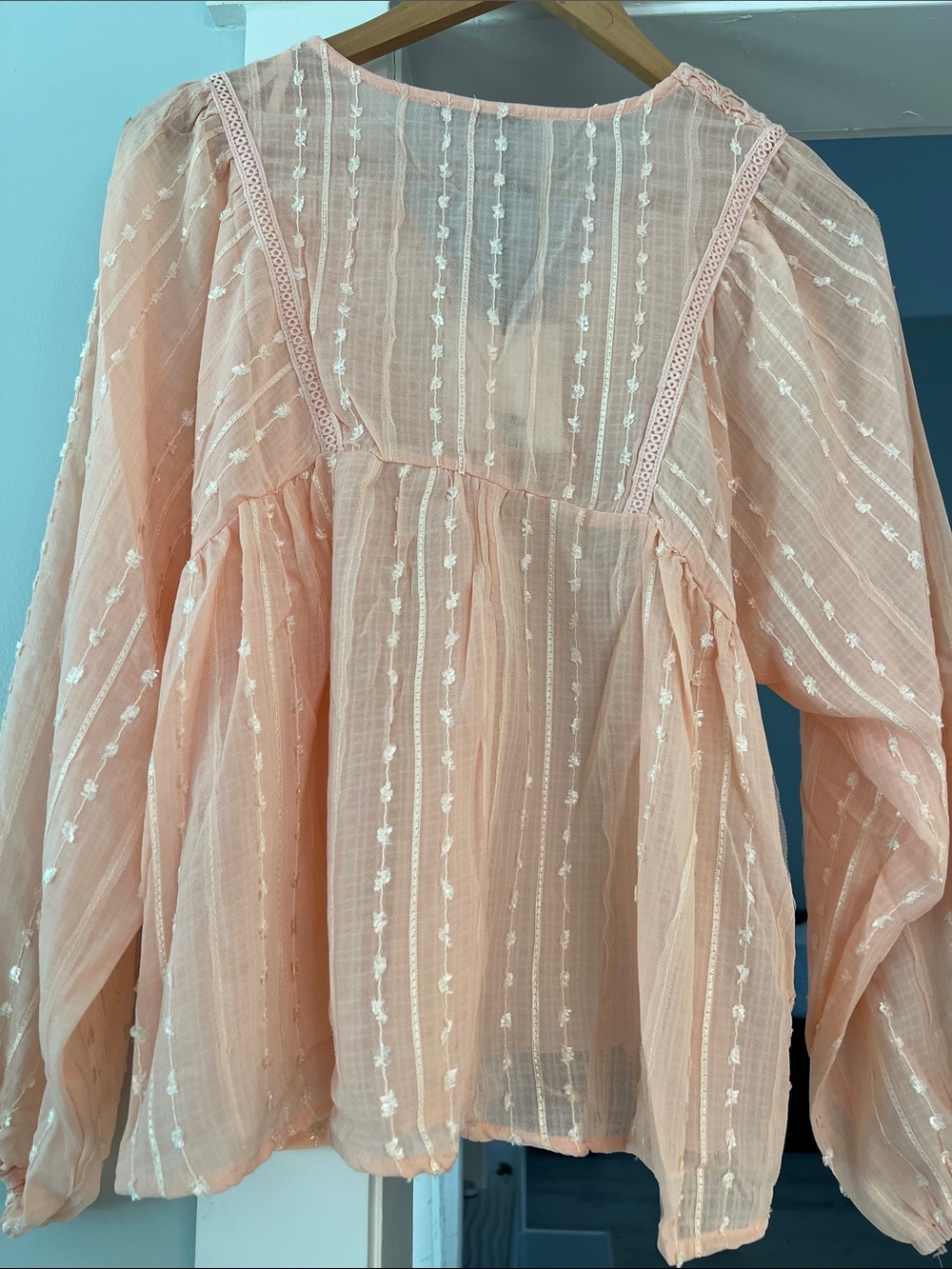 Very J V- neck Blouse Peach Lace-Trim Sheer Peasant Tunic size S - Picture 4 of 14